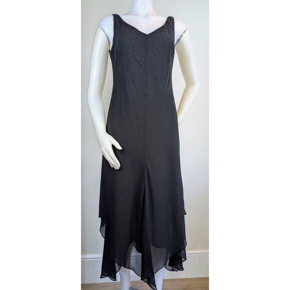 VTG Evan Picone Midi Maxi Dress 6 Black Beaded Sleeveless Sheer Scarf Hem + Wrap - Picture 2 of 12